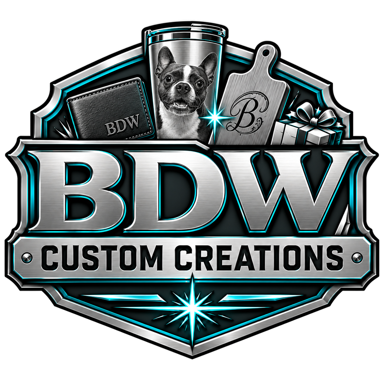 BDW Custom Creations emblem with a wallet, Bailey's portrait engraved on a cup, a cutting board and a gift